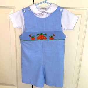 Baby Boy Blue Smocked Pumpkin Shortall & Shirt 2T